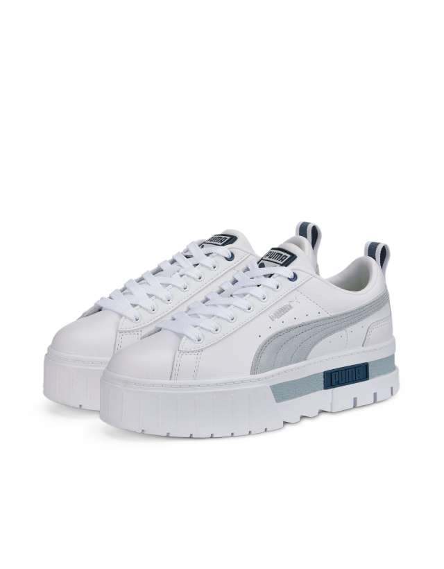 Puma Mayze platform sneakers in white/gray/blue