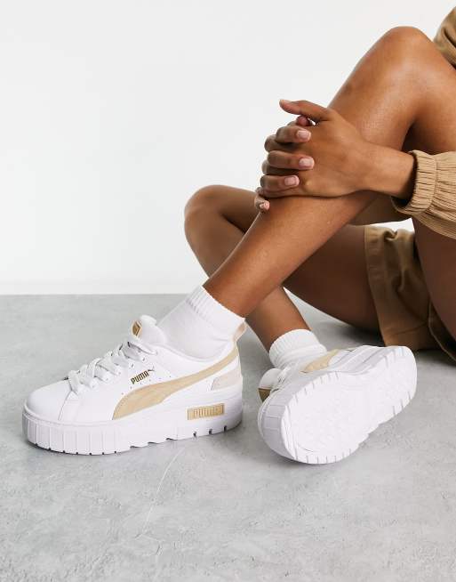 Puma Mayze platform trainers in white and oatmeal