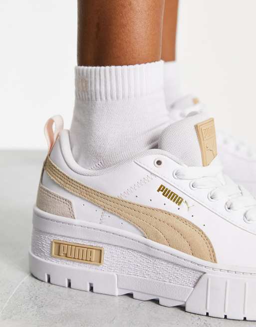 Puma Mayze platform trainers in white and oatmeal