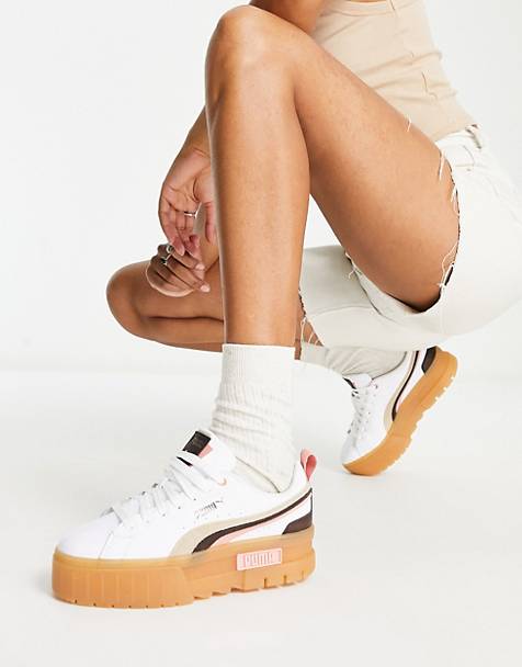 PUMA Mayze platform sneakers in white and pink stripe with gum sole