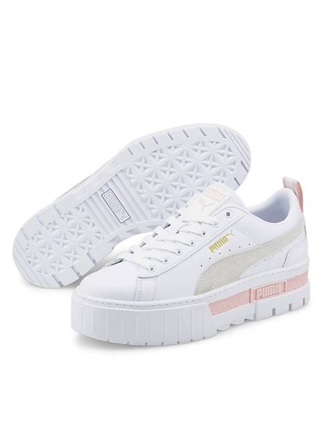 PUMA Mayze platform sneakers in white oatmeal and pink