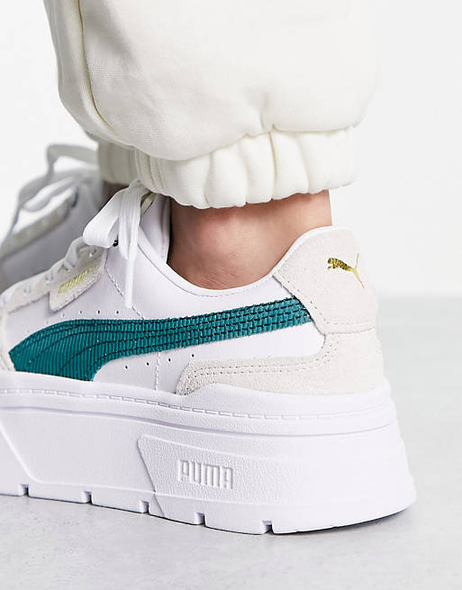 Puma Mayze Stack cord detail sneakers in white and varsity green