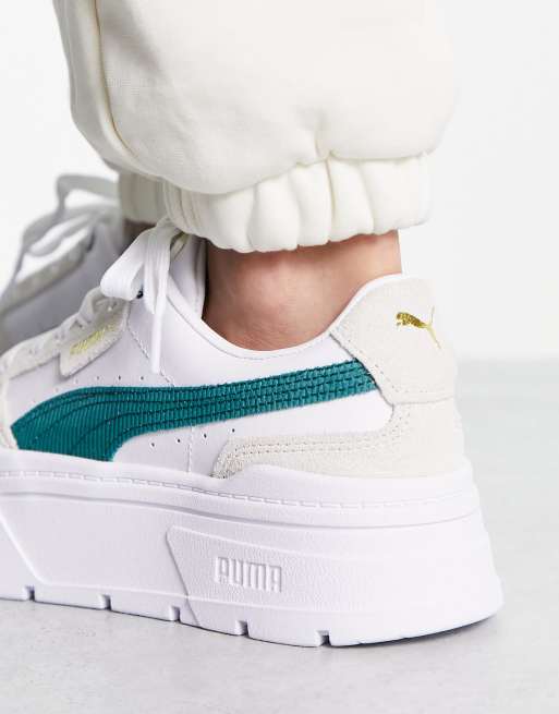 Puma Mayze Stack cord detail sneakers in white and varsity green