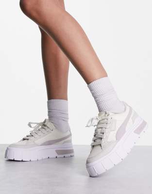 PUMA Mayze Stack Luxe sneakers in white with light gray detail | ASOS