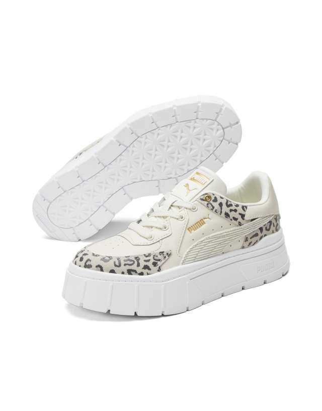 Puma Mayze stack sneakers in off-white with leopard print detail