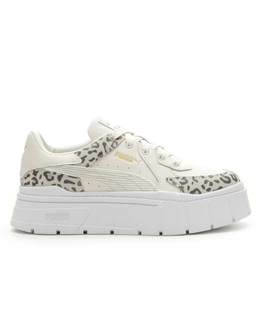 Puma Mayze stack sneakers in off white with leopard print detail