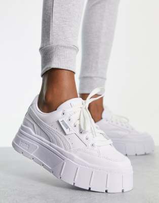 Puma Mayze Stack sneakers in triple white | ASOS