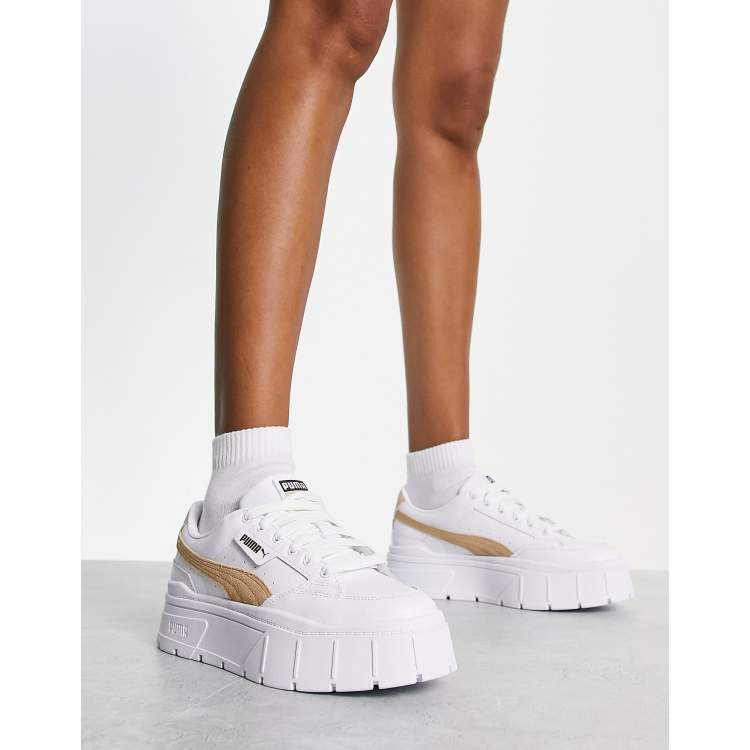Puma Mayze Stack sneakers in white and oatmeal | ASOS
