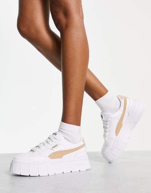 Puma Mayze Stack sneakers in white and oatmeal | ASOS