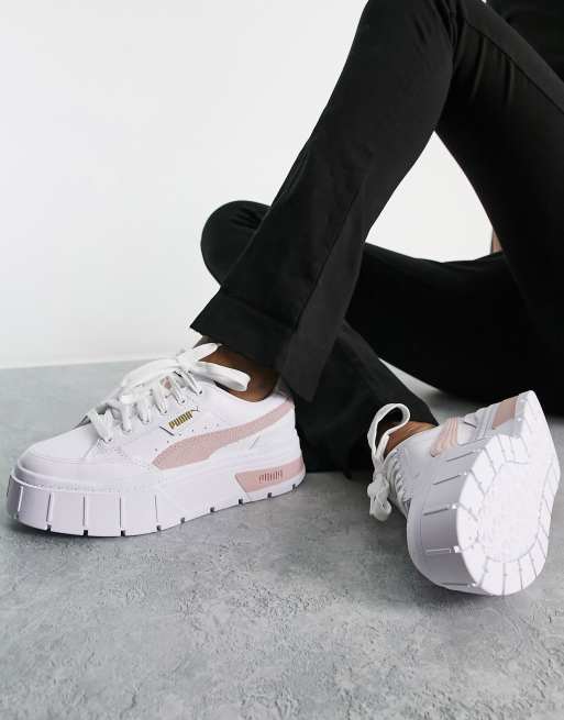 PUMA Mayze stack sneakers in white/pink