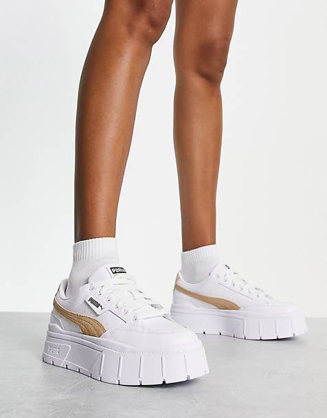 Puma Mayze stack sneakers in white/sand