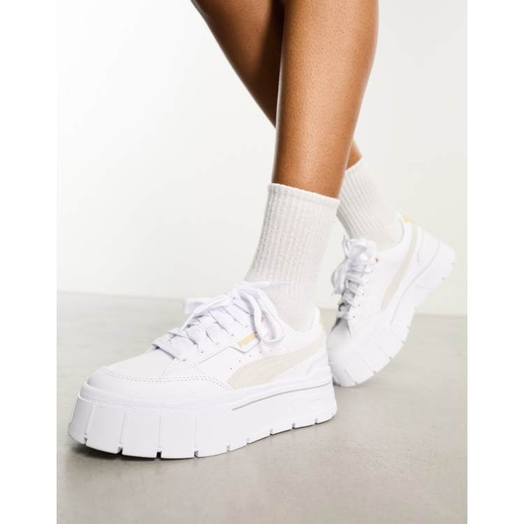 PUMA Mayze Stack Sneakers with oatmeal detail in white | ASOS