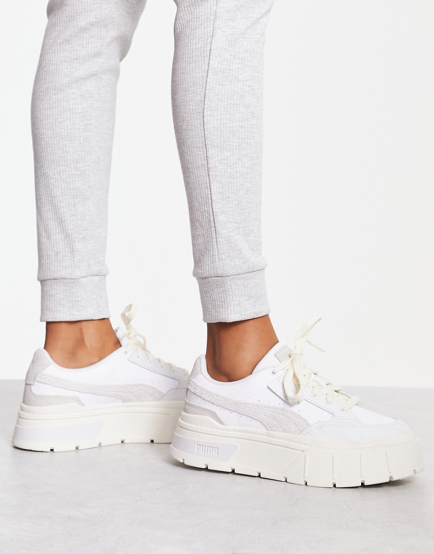 Puma Mayze stack textured neutral trainers in white and grey