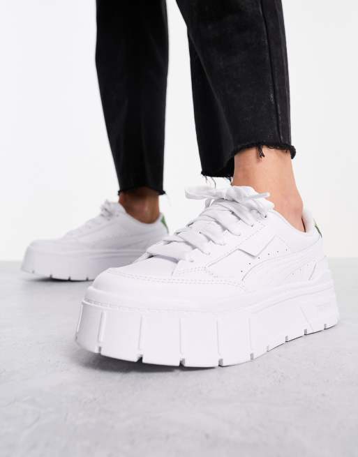 Puma Mayze Stack cord detail sneakers in white and varsity green