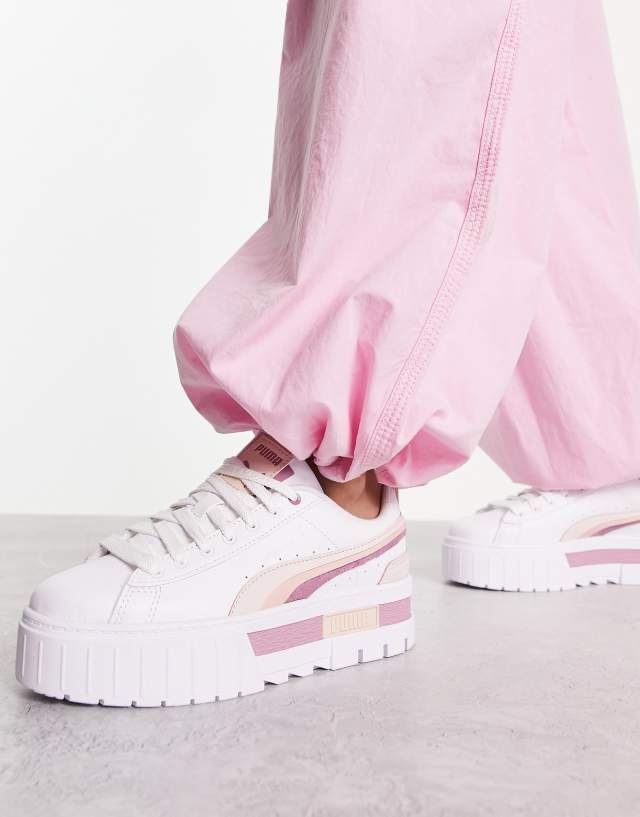 PUMA Mayze triple stripe sneakers in white with pink detail