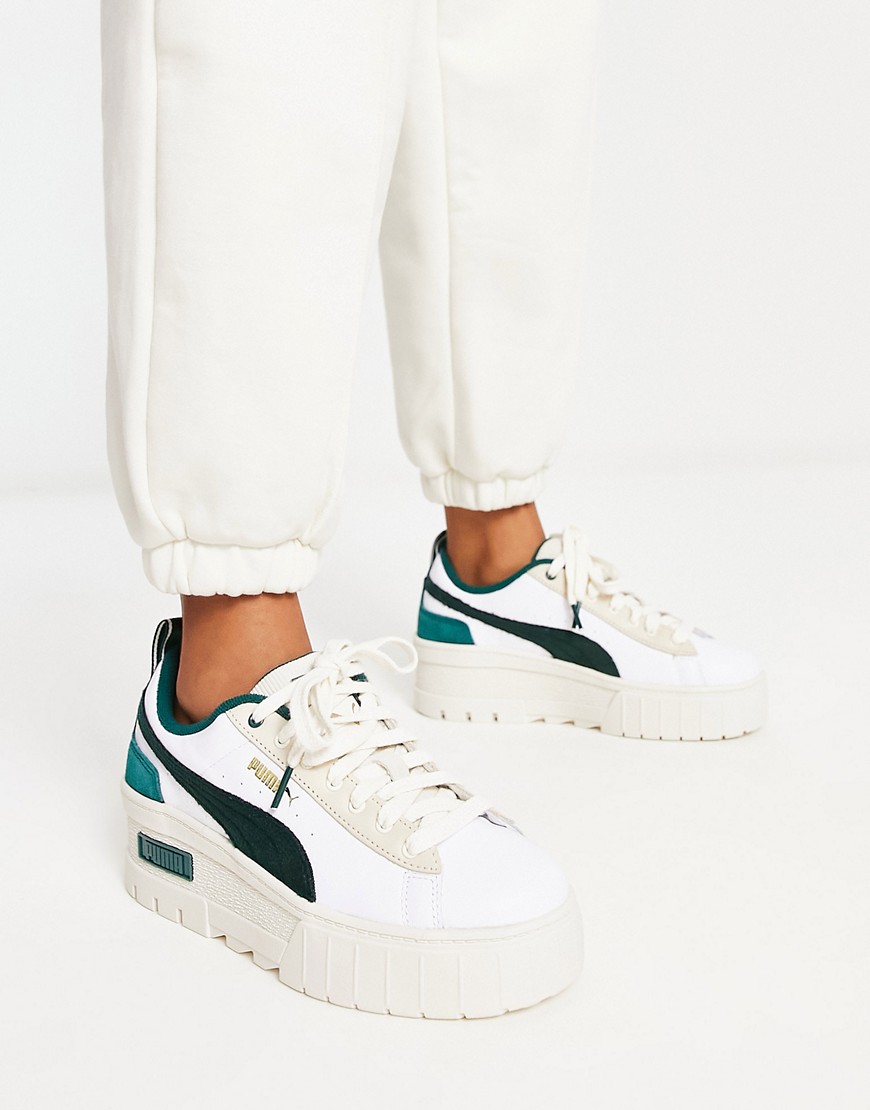 Puma Mayze Wedge trainers in off white and green