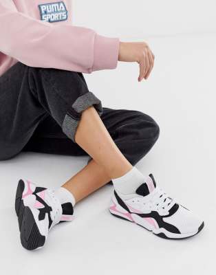 puma nova 90's block white and pink trainers