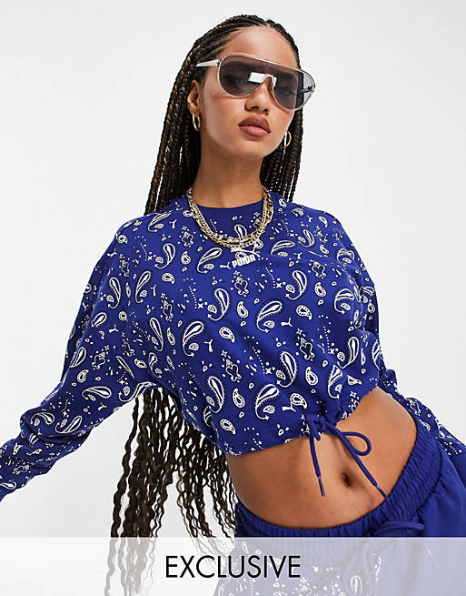 Puma off beat paisley cropped sweat in blue - exclusive to ASOS