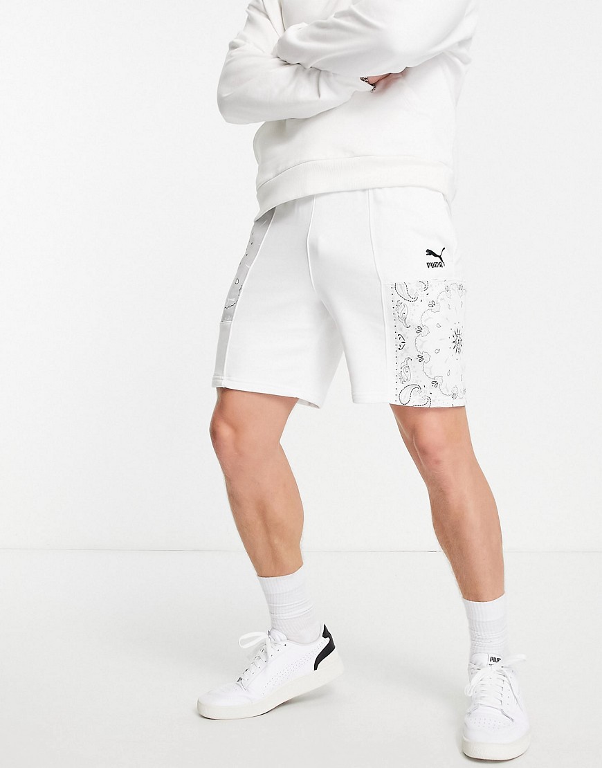 Puma Offbeat paisley patchwork logo shorts in white