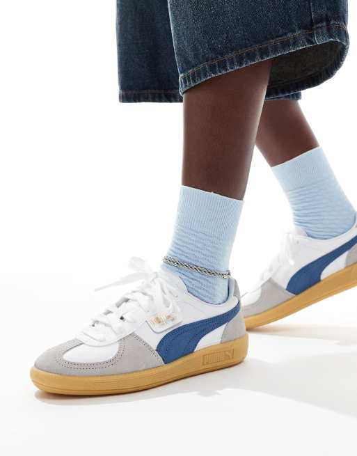 PUMA Palermo leather sneakers in white and blue