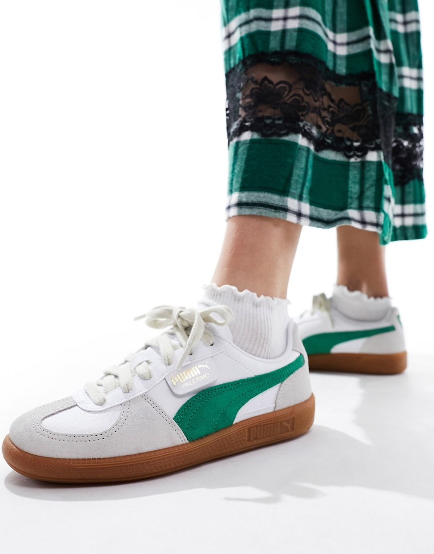 Shop Puma Palermo Leather Sneakers In White With Green Detail