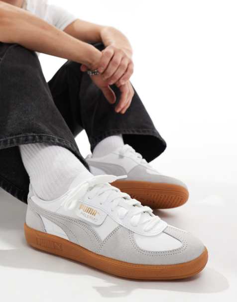 PUMA Palermo Leather sneakers with gum sole in white and gray - view 1