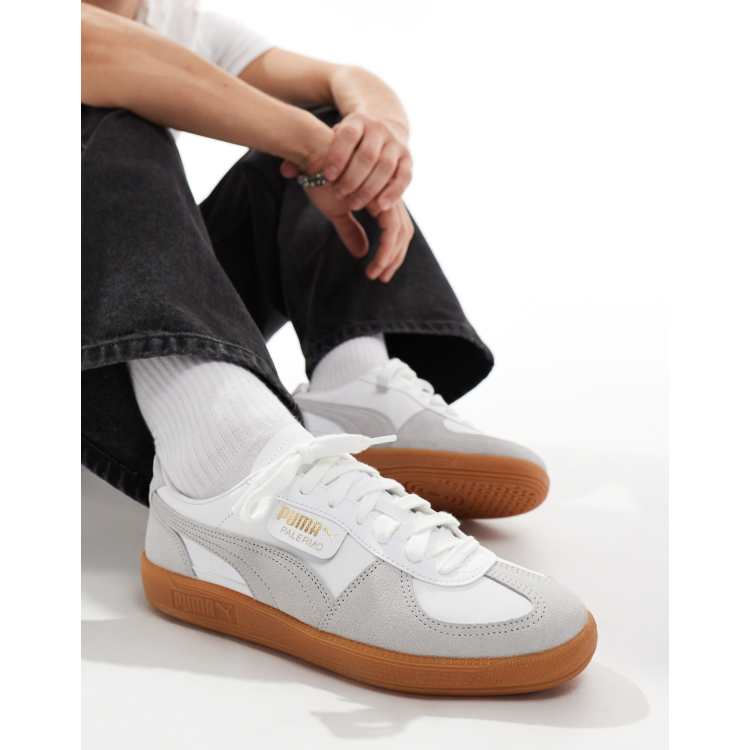 PUMA Palermo Leather sneakers with gum sole in white and gray ASOS