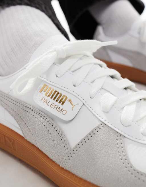 PUMA Palermo Leather sneakers with gum sole in white and gray, 4 of 5