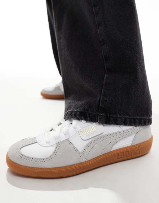 PUMA Palermo Leather sneakers with gum sole in white and gray