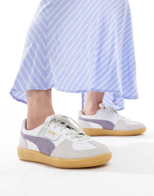 PUMA Palermo leather sneakers with gum sole in white and lilac | ASOS
