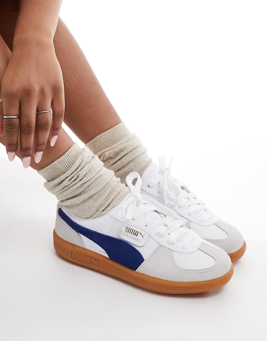 Puma Palermo leather trainers in white and blue