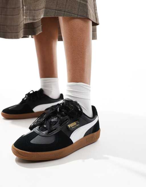 Puma Palermo trainers with ribbon laces in black white