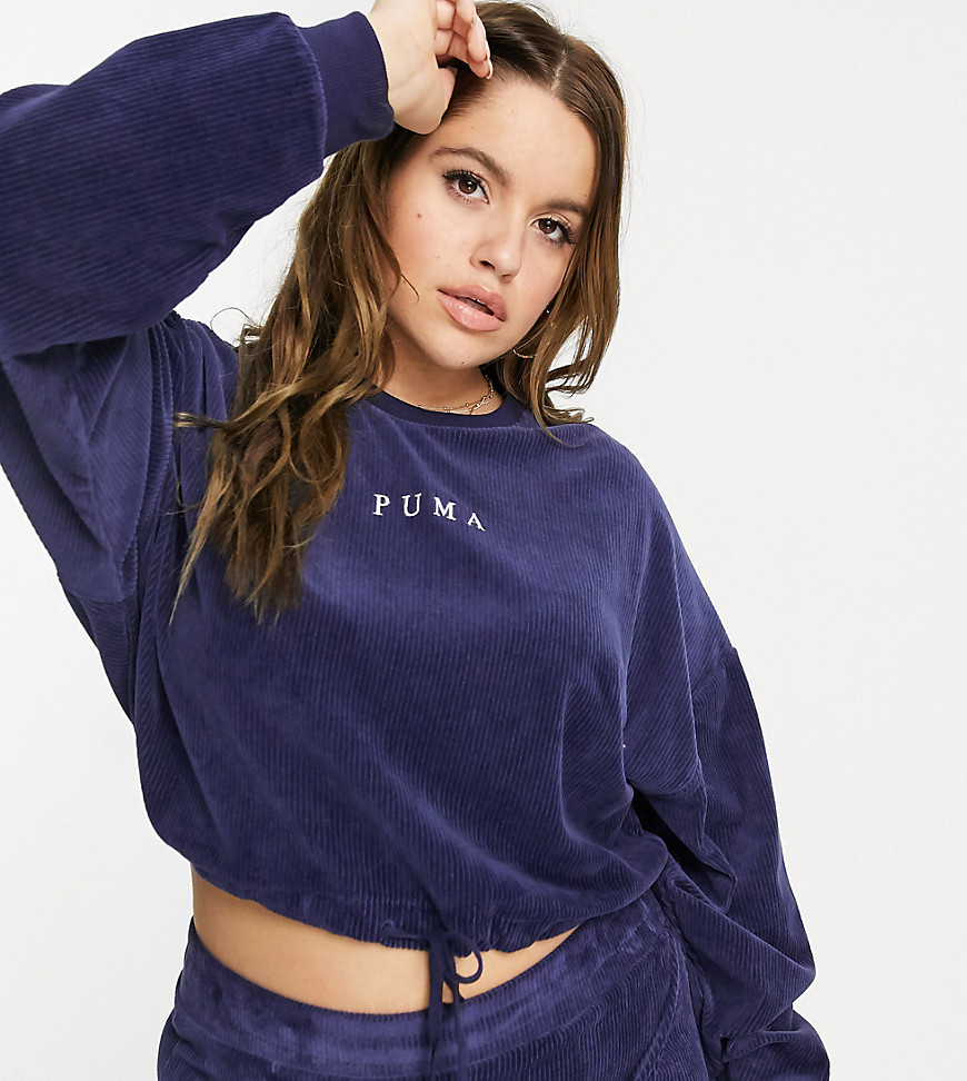PUMA Plus cord cropped crew sweatshirt in navy- exclusive to ASOS
