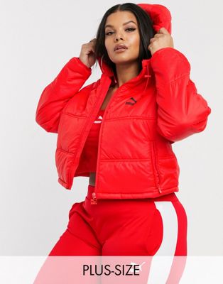 Puma Plus cropped puffer jacket in red 