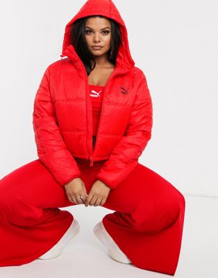 Puma Plus cropped puffer jacket in red 