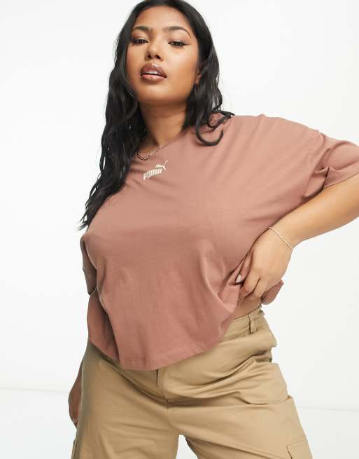 Puma Plus Essentials logo crop t-shirt in brown