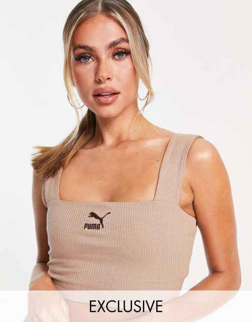Puma – Prążkowana braletka z dekoltem karo w kolorze szarobrązowym