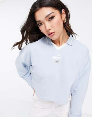 Puma Queen crop oversized collared sweatshirt in blue