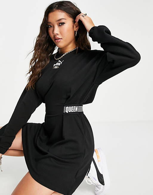  Puma Queen long sleeve mini dress with cinched waist banding in black 