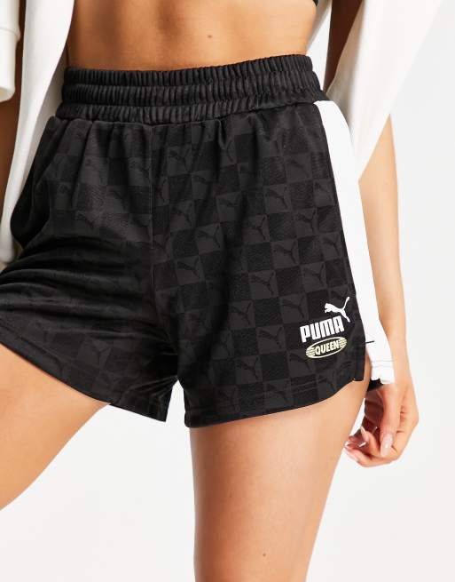 Puma Queen repeat logo check boxing shorts in black