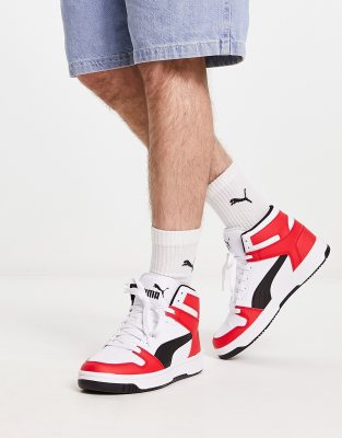 PUMA REBOUND LAYUP SNEAKERS IN WHITE WITH RED DETAIL