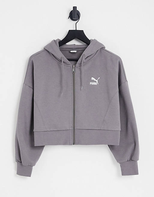 Puma - Rechte cropped hoodie met rits in grijs, exclusief bij ASOS
