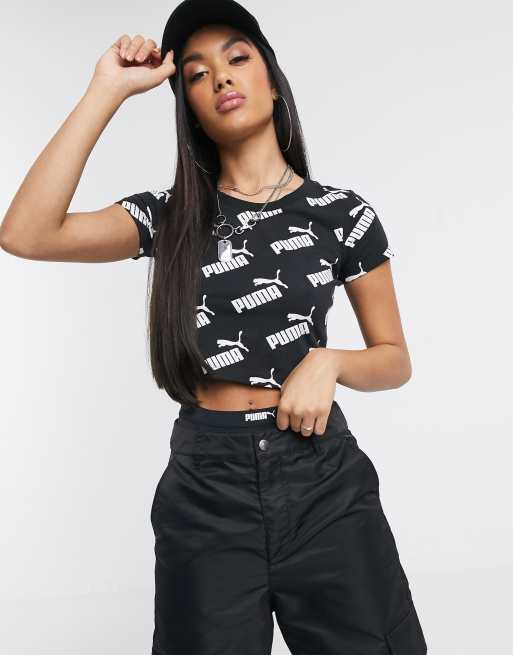 Puma repeat logo crop t-shirt in black | ASOS