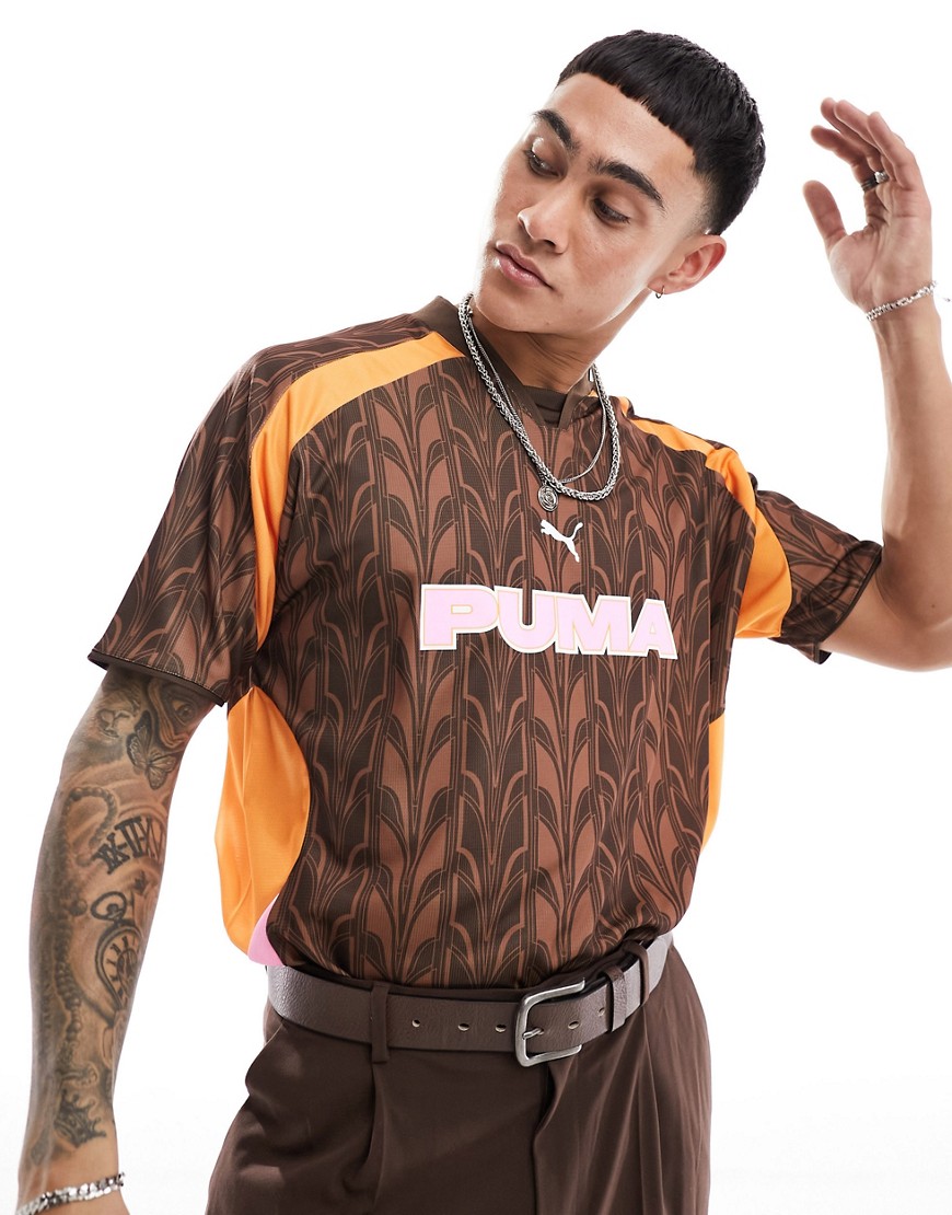 Puma retro printed football jersey in brown and orange