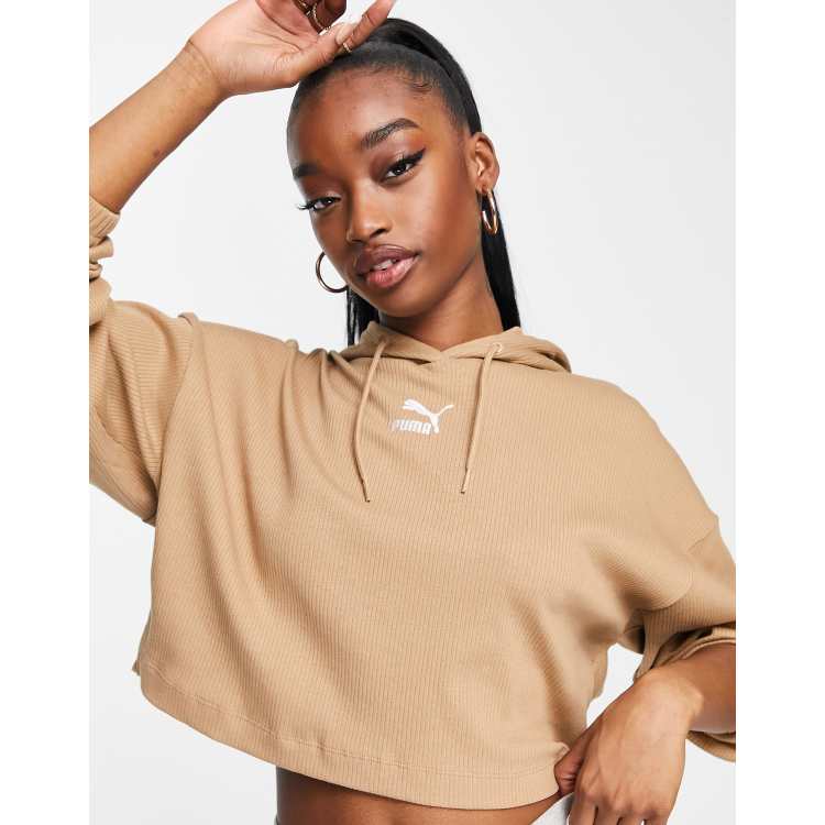 PUMA ribbed cropped hoodie in tan exclusive to ASOS