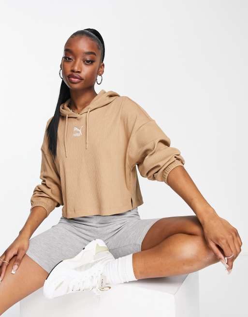 PUMA ribbed cropped hoodie in tan exclusive to ASOS