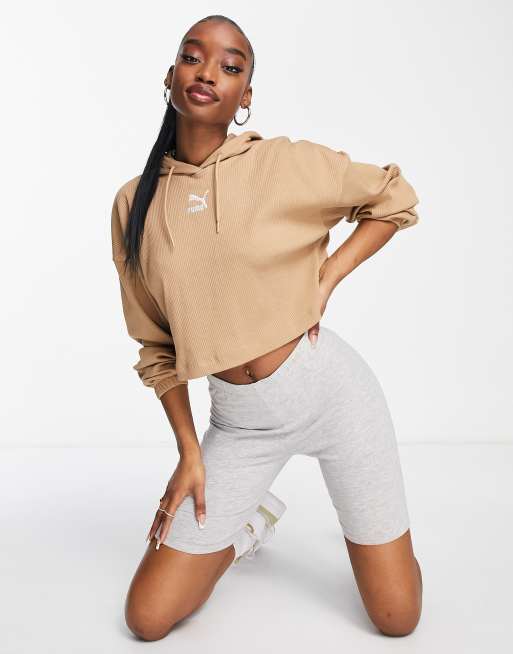 PUMA ribbed cropped hoodie in tan exclusive to ASOS