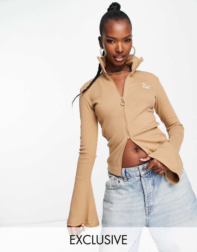 PUMA ribbed high neck flare sleeve jacket in tan - exclusive to ASOS