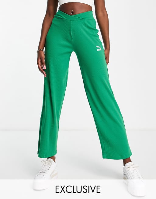 PUMA ribbed high rise wide leg pants in green exclusive to ASOS