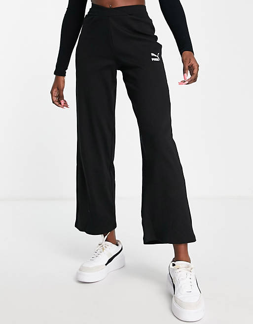 Puma ribbed high waisted wide leg pants in black - exclusive at ASOS